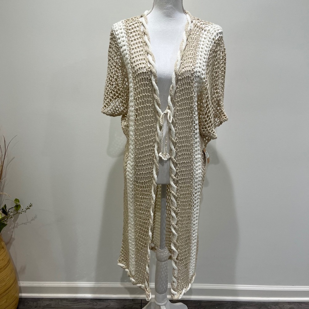 New POL Crochet Cardigan Large Beige Ivory Long Kimono Cover Up Boho Coastal